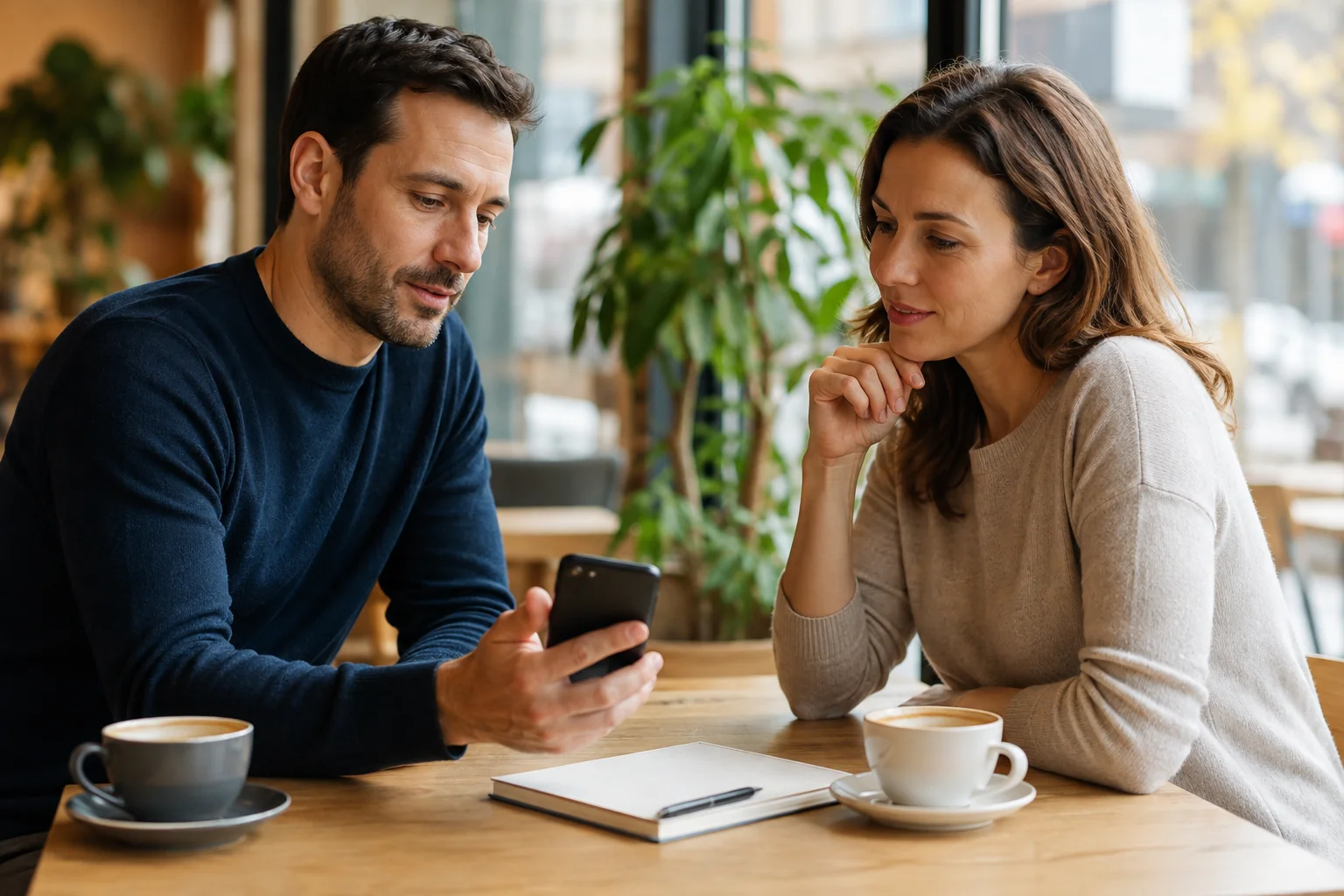 Two adults discussing account choices at a cafe table