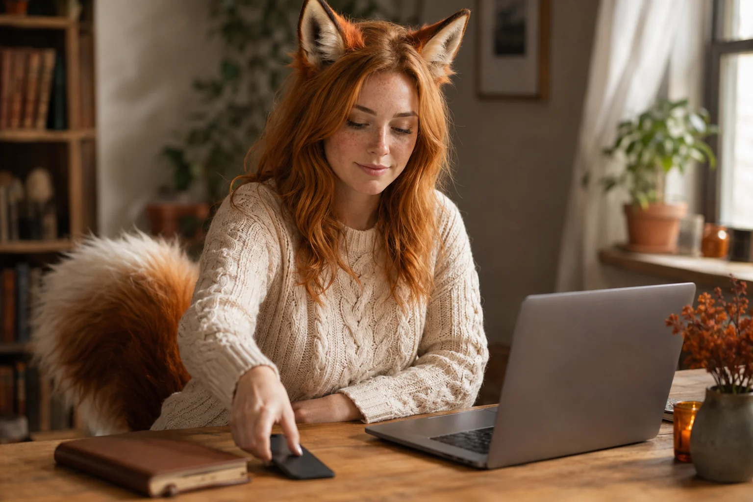 An adult fictional fox-eared character putting her phone away beside a notebook