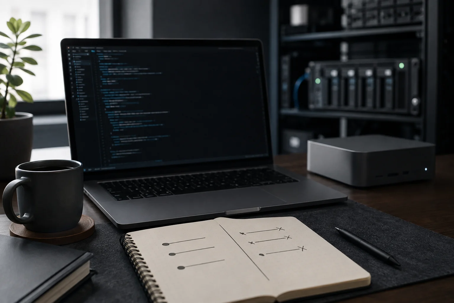 A laptop and notebook on a technology evaluation desk