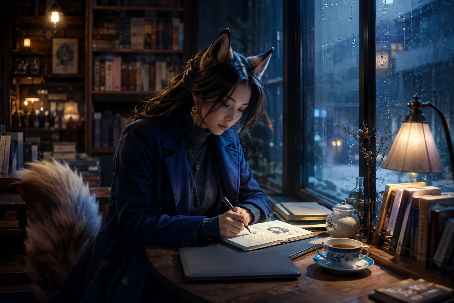 An adult fictional kitsune writing a character scene beside a rainy bookshop window