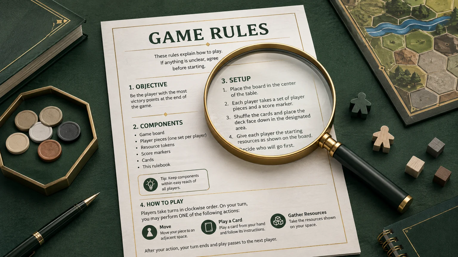 A magnifying glass over a rules document, illustrating checks before play.