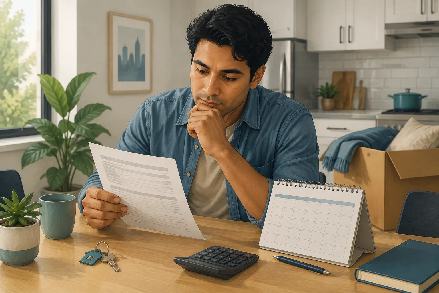 Conceptual illustration of a newcomer reviewing a payment statement with a calendar and calculator.