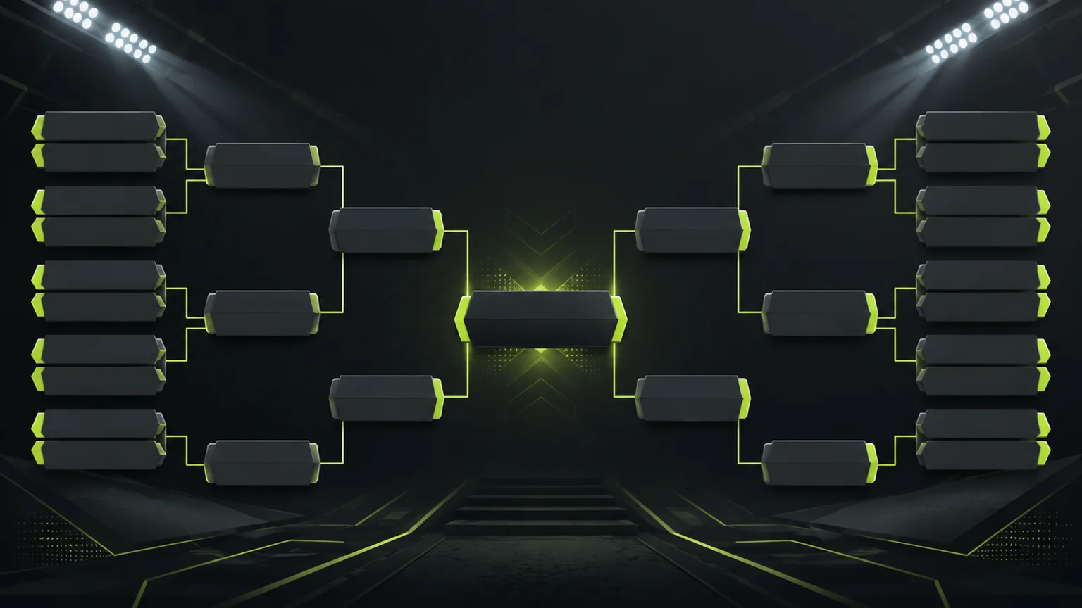 Abstract tournament bracket cards on a charcoal background.