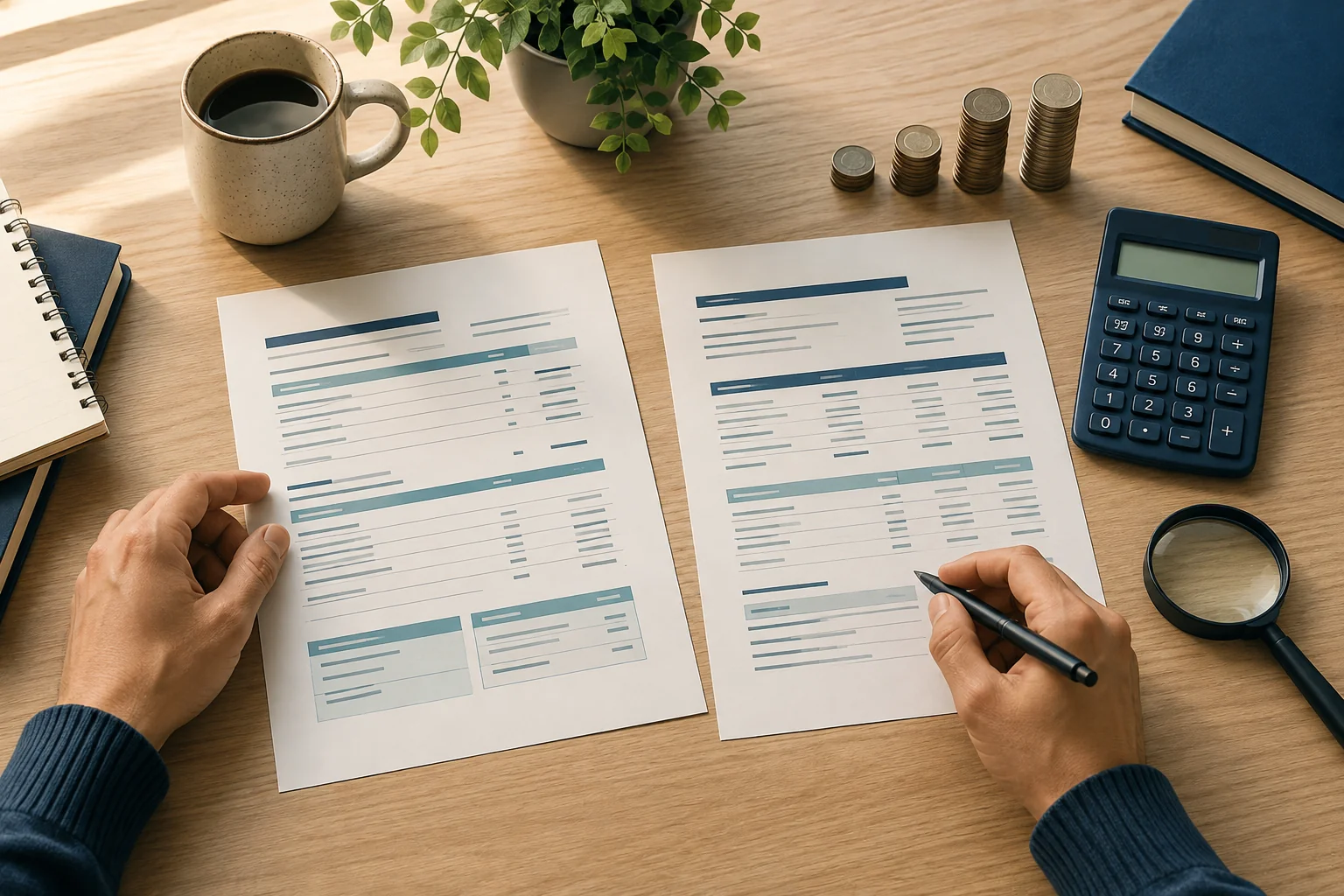 Conceptual illustration of two unbranded loan documents being compared with a calculator.