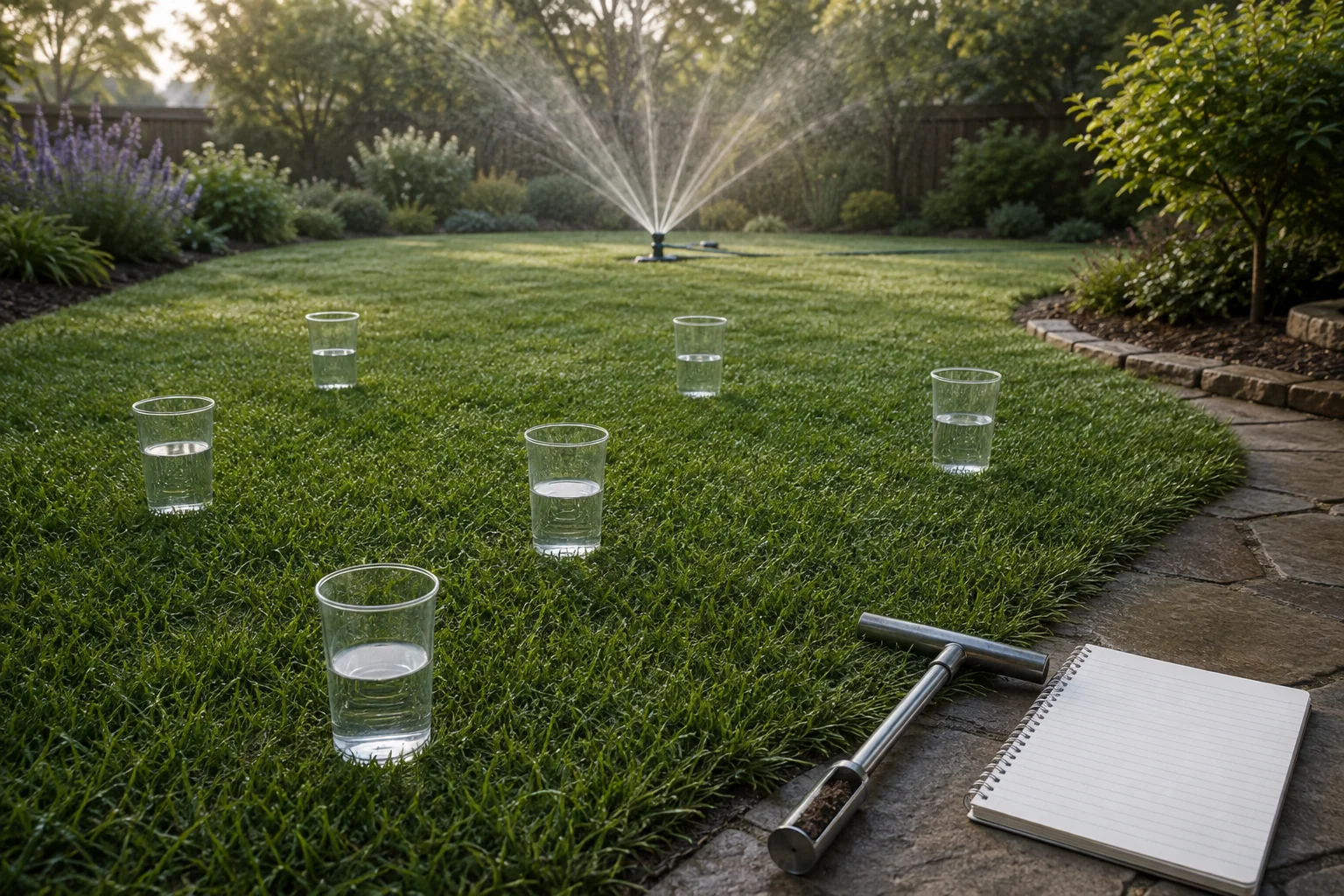 Illustration of identical catch cups arranged across a lawn to compare sprinkler coverage