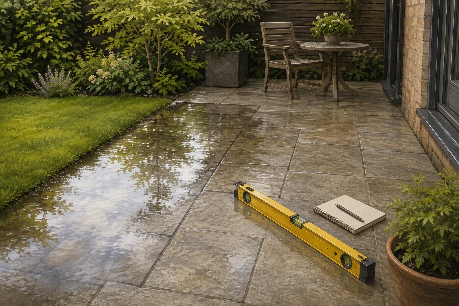 Illustrated puddle on a patio beside a level and notebook.