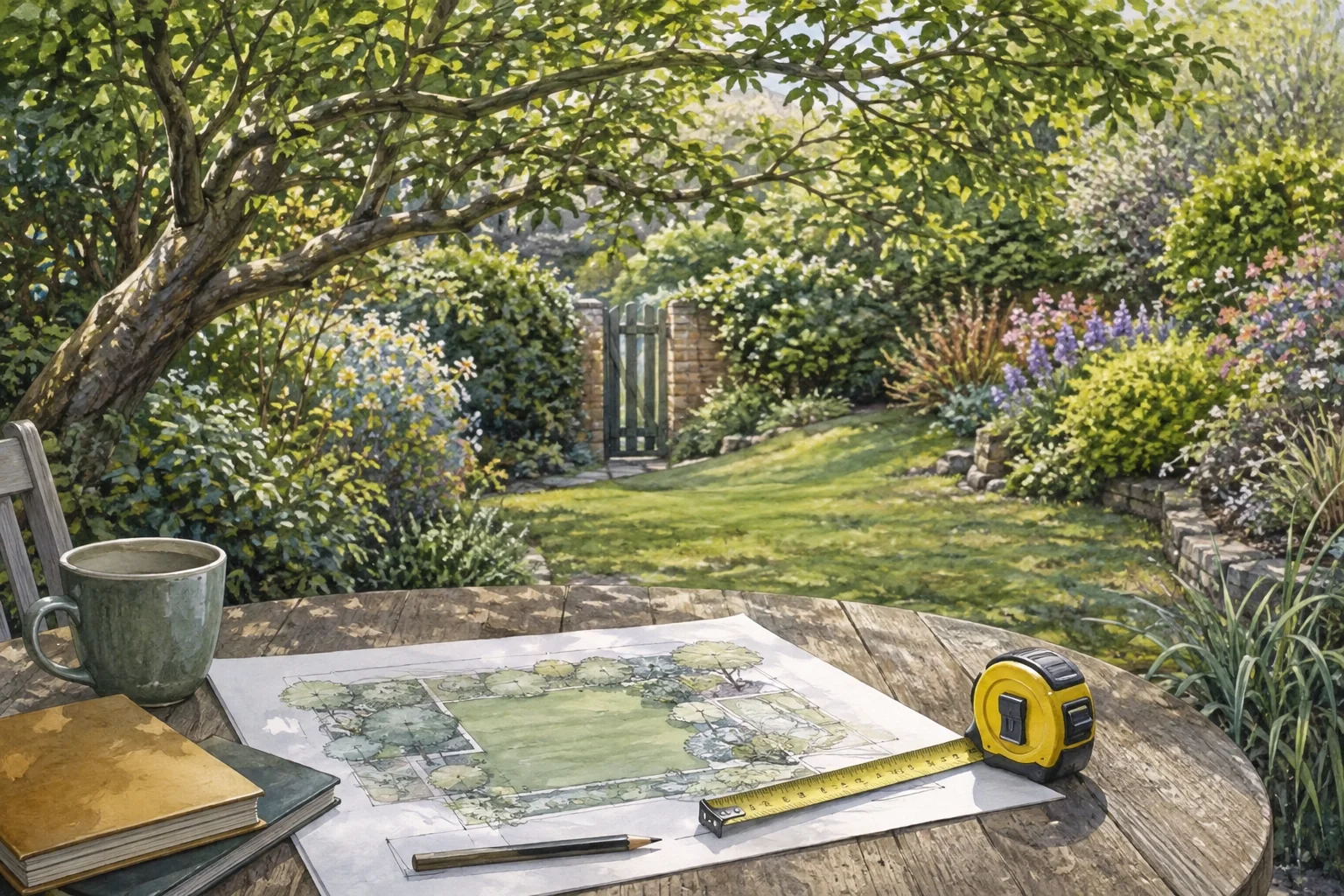 Garden sketch and measuring tape used to plan a lawn work area. Garden sketch and measuring tape used to plan a lawn work area.