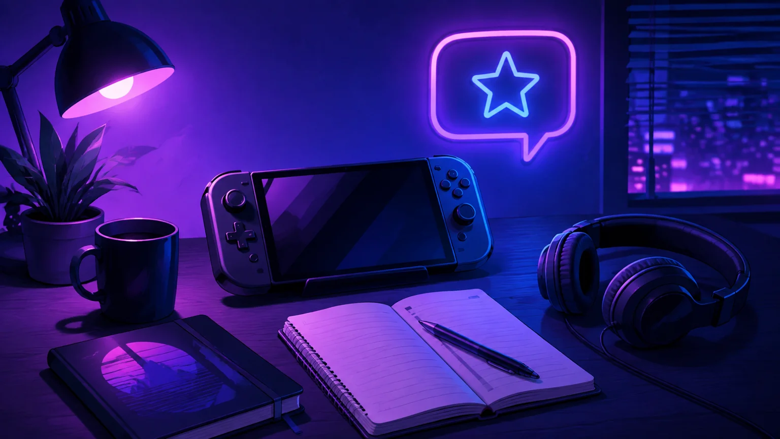 A handheld device, notebook and headphones for entertainment editorial work.