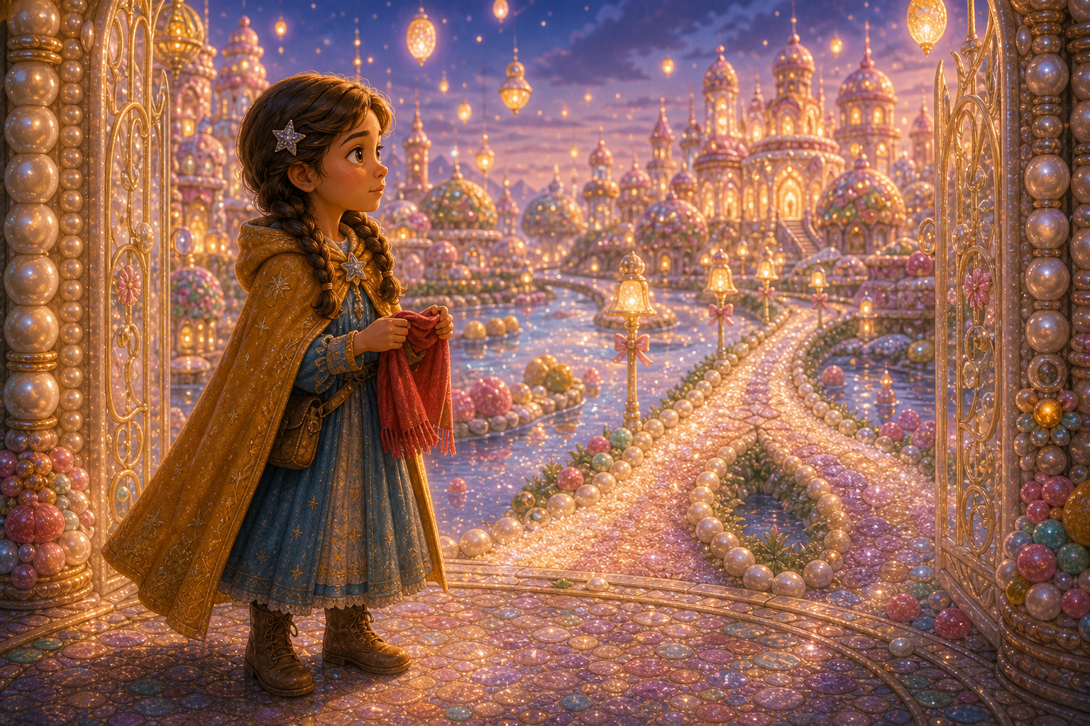 Alina stands at the pearl gates of Sweet Kingdom at twilight, holding Mark's small red scarf while silver bell paths and a sugar river split ahead; warm AmFoxy children's storybook illustration style, soft painterly texture, rounded friendly forms, cozy cinematic light, magical fairytale kingdom, consistent heroine Alina: brave older sister with chestnut braids, amber cloak, blue dress, silver star pin; consistent little brother Mark: small boy with curly dark hair, green vest, red scarf; no foxes, no text, no watermark