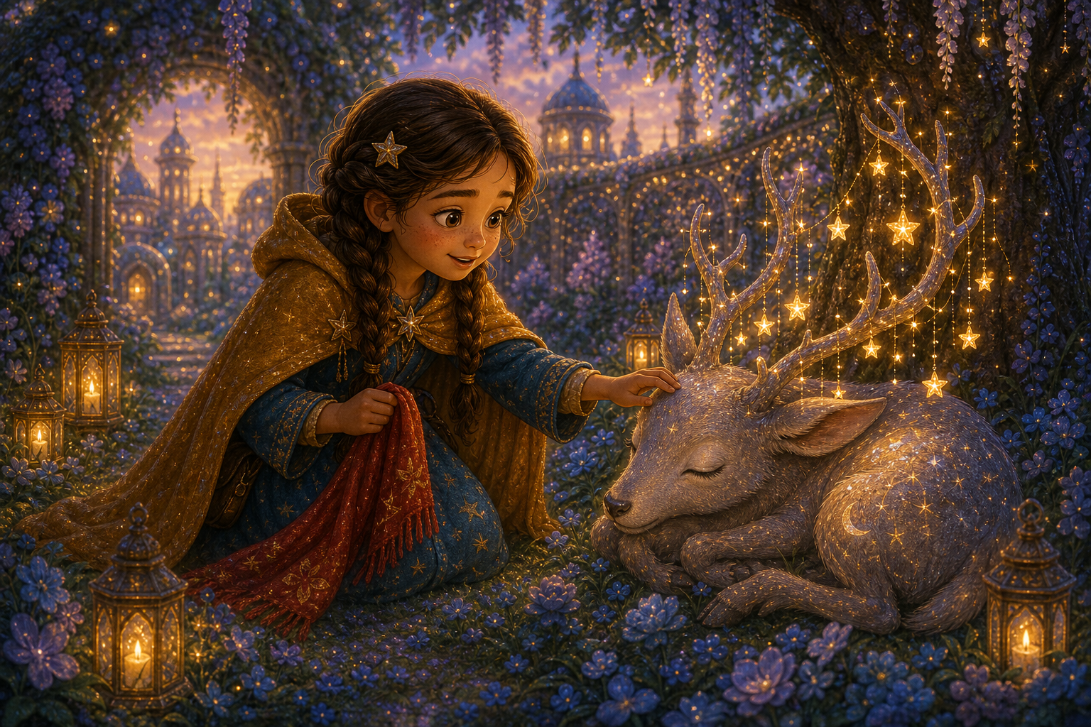 Alina gently wakes a moon deer sleeping in a soft blue garden, stars caught in its antlers; warm AmFoxy children's storybook illustration style, soft painterly texture, rounded friendly forms, cozy cinematic light, magical fairytale kingdom, consistent heroine Alina: brave older sister with chestnut braids, amber cloak, blue dress, silver star pin; consistent little brother Mark: small boy with curly dark hair, green vest, red scarf; no foxes, no text, no watermark