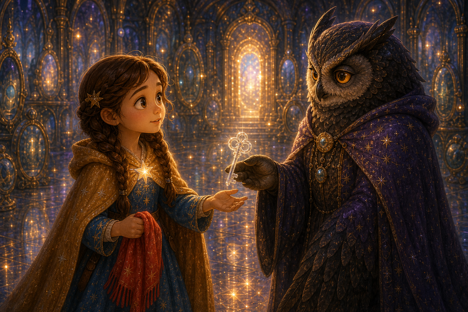 Alina receives a clear glass key from a wise shadow owl, courage glowing in her silver star pin; warm AmFoxy children's storybook illustration style, soft painterly texture, rounded friendly forms, cozy cinematic light, magical fairytale kingdom, consistent heroine Alina: brave older sister with chestnut braids, amber cloak, blue dress, silver star pin; consistent little brother Mark: small boy with curly dark hair, green vest, red scarf; no foxes, no text, no watermark