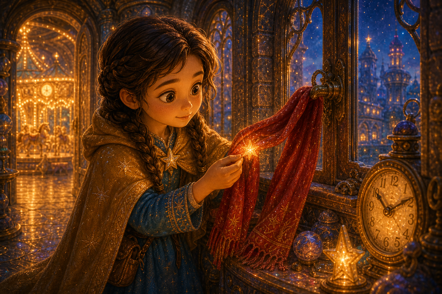 Alina finds Mark's red scarf caught on a tower window latch while bedtime clocklight shines around her; warm AmFoxy children's storybook illustration style, soft painterly texture, rounded friendly forms, cozy cinematic light, magical fairytale kingdom, consistent heroine Alina: brave older sister with chestnut braids, amber cloak, blue dress, silver star pin; consistent little brother Mark: small boy with curly dark hair, green vest, red scarf; no foxes, no text, no watermark
