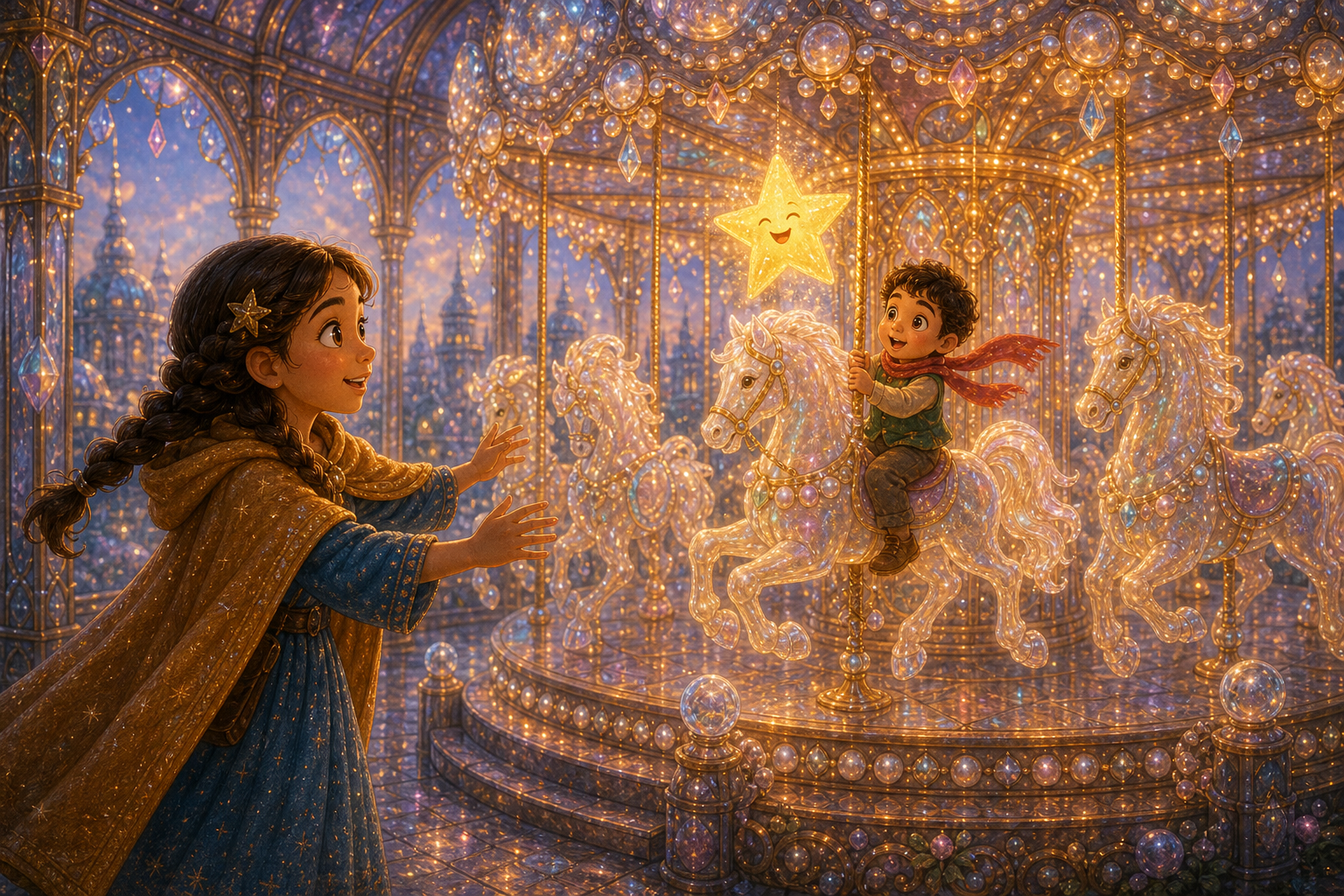 Alina reaches an enchanted glass carousel where Mark's laughter echoes, horses made of starlight turning slowly; warm AmFoxy children's storybook illustration style, soft painterly texture, rounded friendly forms, cozy cinematic light, magical fairytale kingdom, consistent heroine Alina: brave older sister with chestnut braids, amber cloak, blue dress, silver star pin; consistent little brother Mark: small boy with curly dark hair, green vest, red scarf; no foxes, no text, no watermark