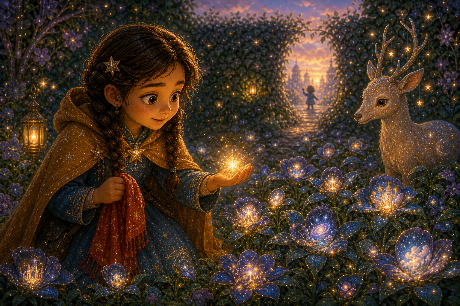 Alina discovers a quiet star garden with a glowing starseed and hears Mark calling from beyond a silver hedge; warm AmFoxy children's storybook illustration style, soft painterly texture, rounded friendly forms, cozy cinematic light, magical fairytale kingdom, consistent heroine Alina: brave older sister with chestnut braids, amber cloak, blue dress, silver star pin; consistent little brother Mark: small boy with curly dark hair, green vest, red scarf; no foxes, no text, no watermark