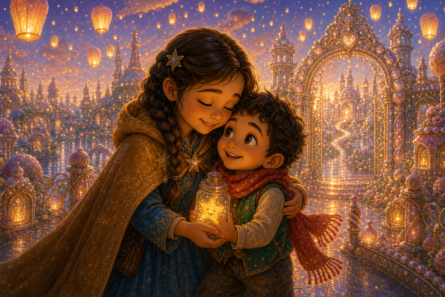 Alina finds Mark in the heart of Sweet Kingdom, the siblings hug under floating lanterns as the kingdom glows warmly; warm AmFoxy children's storybook illustration style, soft painterly texture, rounded friendly forms, cozy cinematic light, magical fairytale kingdom, consistent heroine Alina: brave older sister with chestnut braids, amber cloak, blue dress, silver star pin; consistent little brother Mark: small boy with curly dark hair, green vest, red scarf; no foxes, no text, no watermark