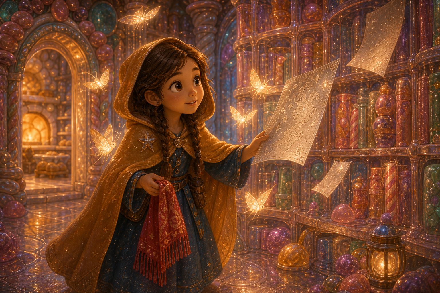 Alina enters a whispering map library made of candy-glass shelves and floating silver pages, moth lanterns glowing around her; warm AmFoxy children's storybook illustration style, soft painterly texture, rounded friendly forms, cozy cinematic light, magical fairytale kingdom, consistent heroine Alina: brave older sister with chestnut braids, amber cloak, blue dress, silver star pin; consistent little brother Mark: small boy with curly dark hair, green vest, red scarf; no foxes, no text, no watermark