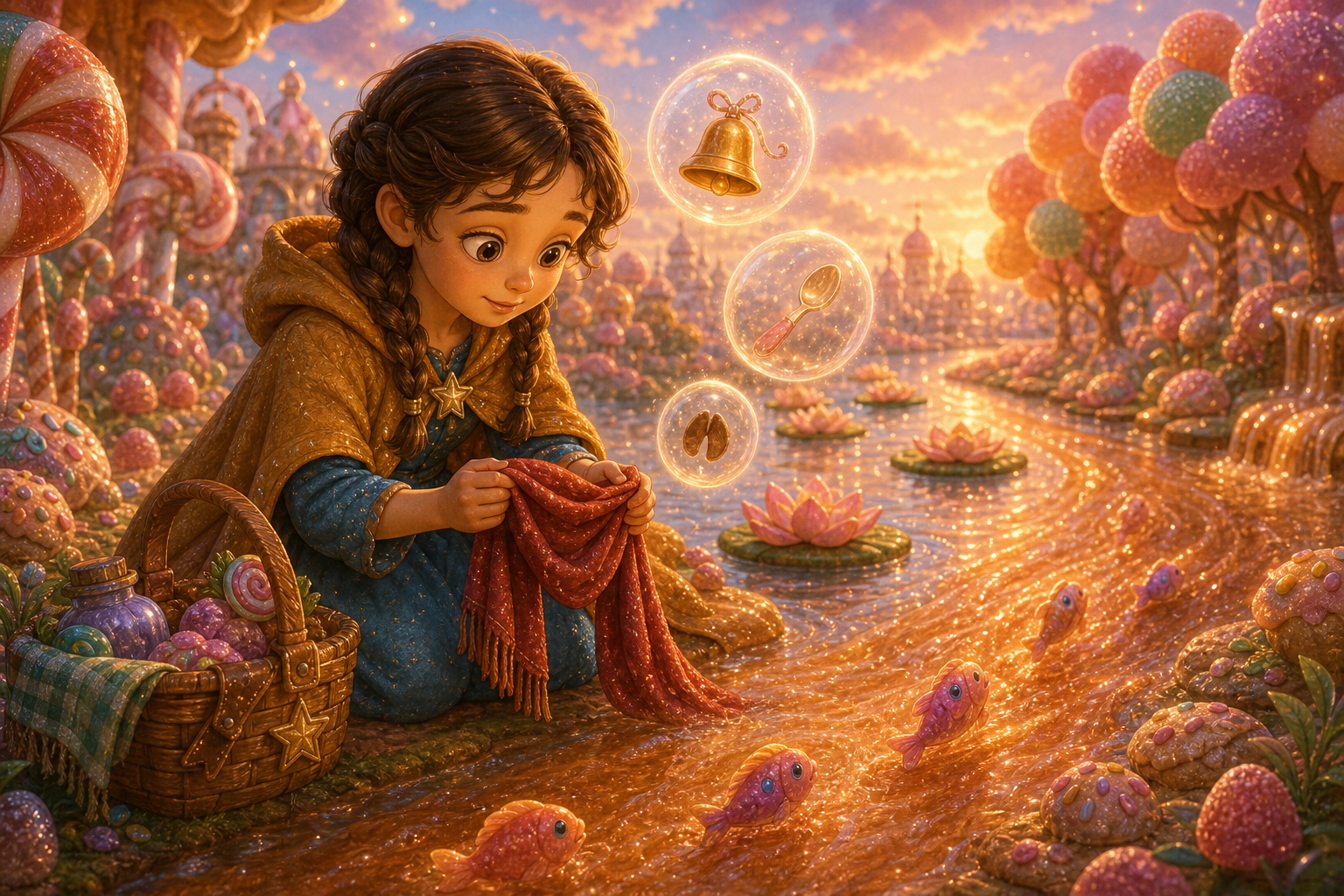 Alina kneels beside a sparkling sugar river with lily boats and candy fish, asking the water where her brother went; warm AmFoxy children's storybook illustration style, soft painterly texture, rounded friendly forms, cozy cinematic light, magical fairytale kingdom, consistent heroine Alina: brave older sister with chestnut braids, amber cloak, blue dress, silver star pin; consistent little brother Mark: small boy with curly dark hair, green vest, red scarf; no foxes, no text, no watermark