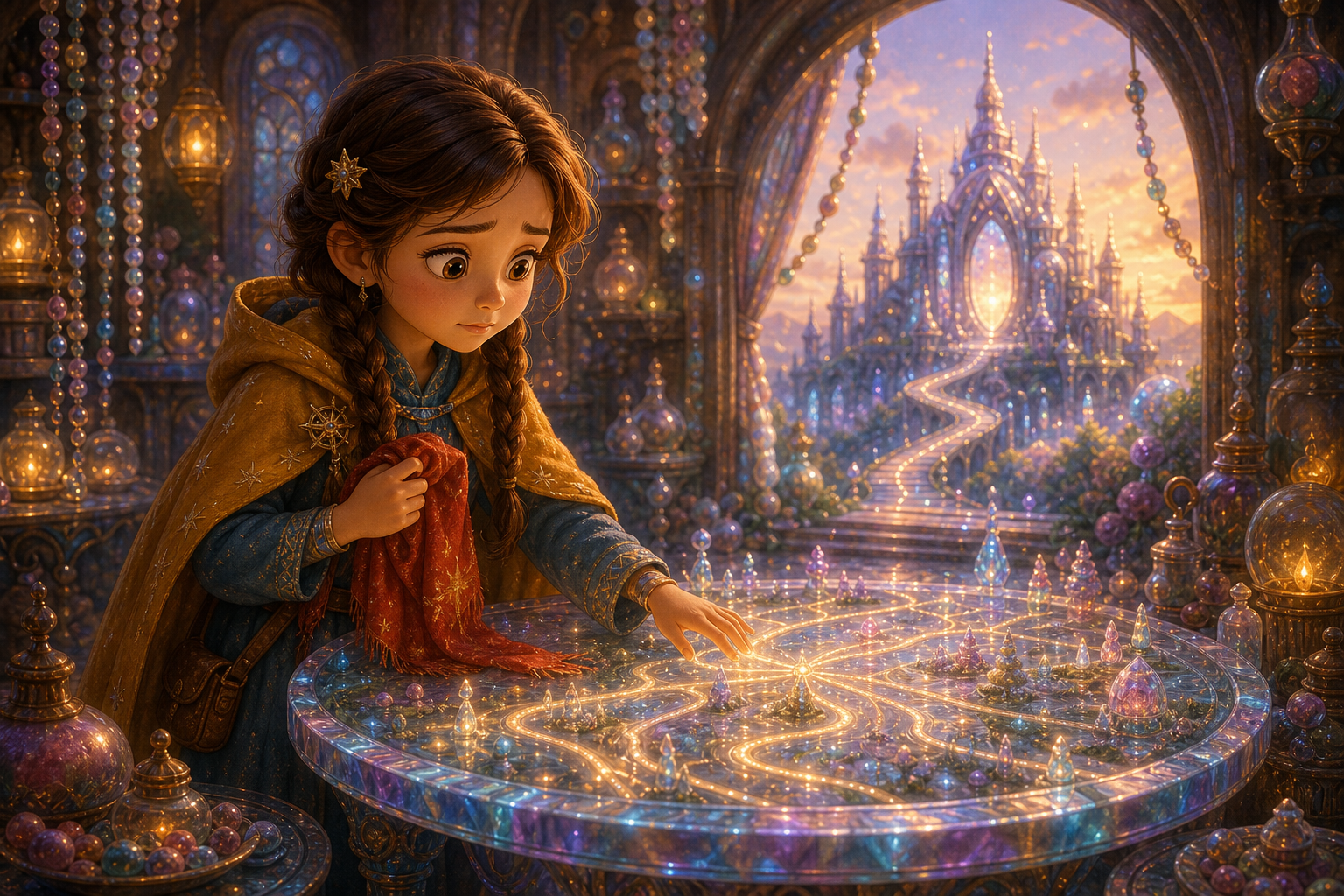 Alina studies a living silver map on a round table, tiny glowing roads rearranging toward a mirror palace; warm AmFoxy children's storybook illustration style, soft painterly texture, rounded friendly forms, cozy cinematic light, magical fairytale kingdom, consistent heroine Alina: brave older sister with chestnut braids, amber cloak, blue dress, silver star pin; consistent little brother Mark: small boy with curly dark hair, green vest, red scarf; no foxes, no text, no watermark