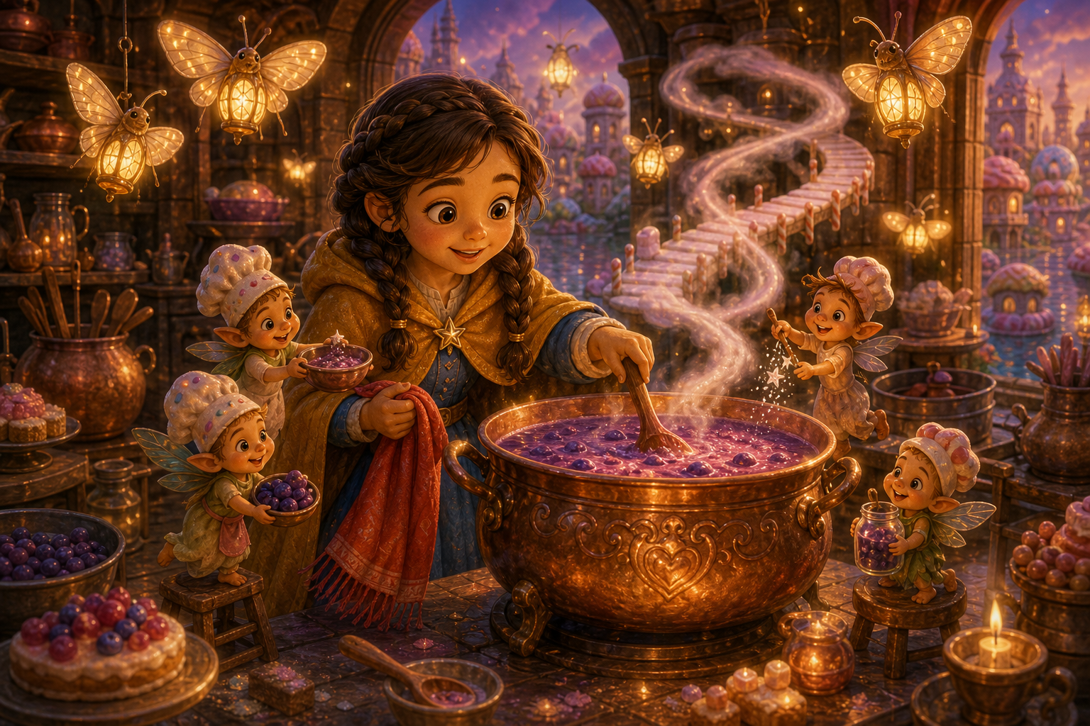 Alina follows gentle moth lanterns through a warm royal kitchen where tiny sprites stir moonberry soup; warm AmFoxy children's storybook illustration style, soft painterly texture, rounded friendly forms, cozy cinematic light, magical fairytale kingdom, consistent heroine Alina: brave older sister with chestnut braids, amber cloak, blue dress, silver star pin; consistent little brother Mark: small boy with curly dark hair, green vest, red scarf; no foxes, no text, no watermark