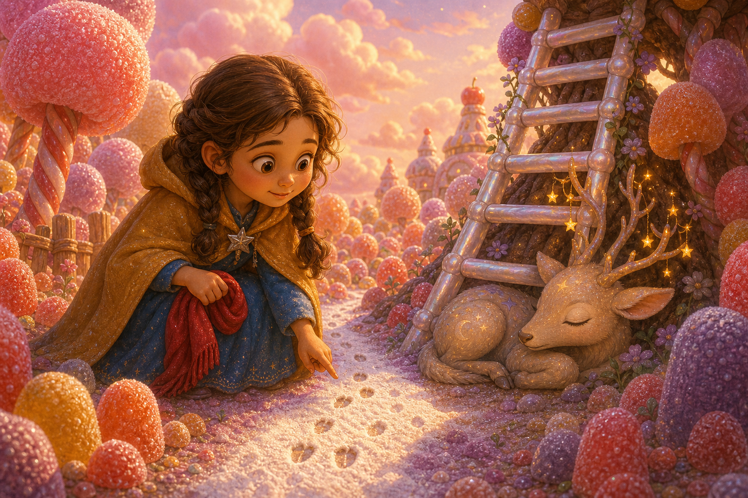 Alina searches a gumdrop orchard under pink clouds, finding small footprints near a pearly ladder; warm AmFoxy children's storybook illustration style, soft painterly texture, rounded friendly forms, cozy cinematic light, magical fairytale kingdom, consistent heroine Alina: brave older sister with chestnut braids, amber cloak, blue dress, silver star pin; consistent little brother Mark: small boy with curly dark hair, green vest, red scarf; no foxes, no text, no watermark
