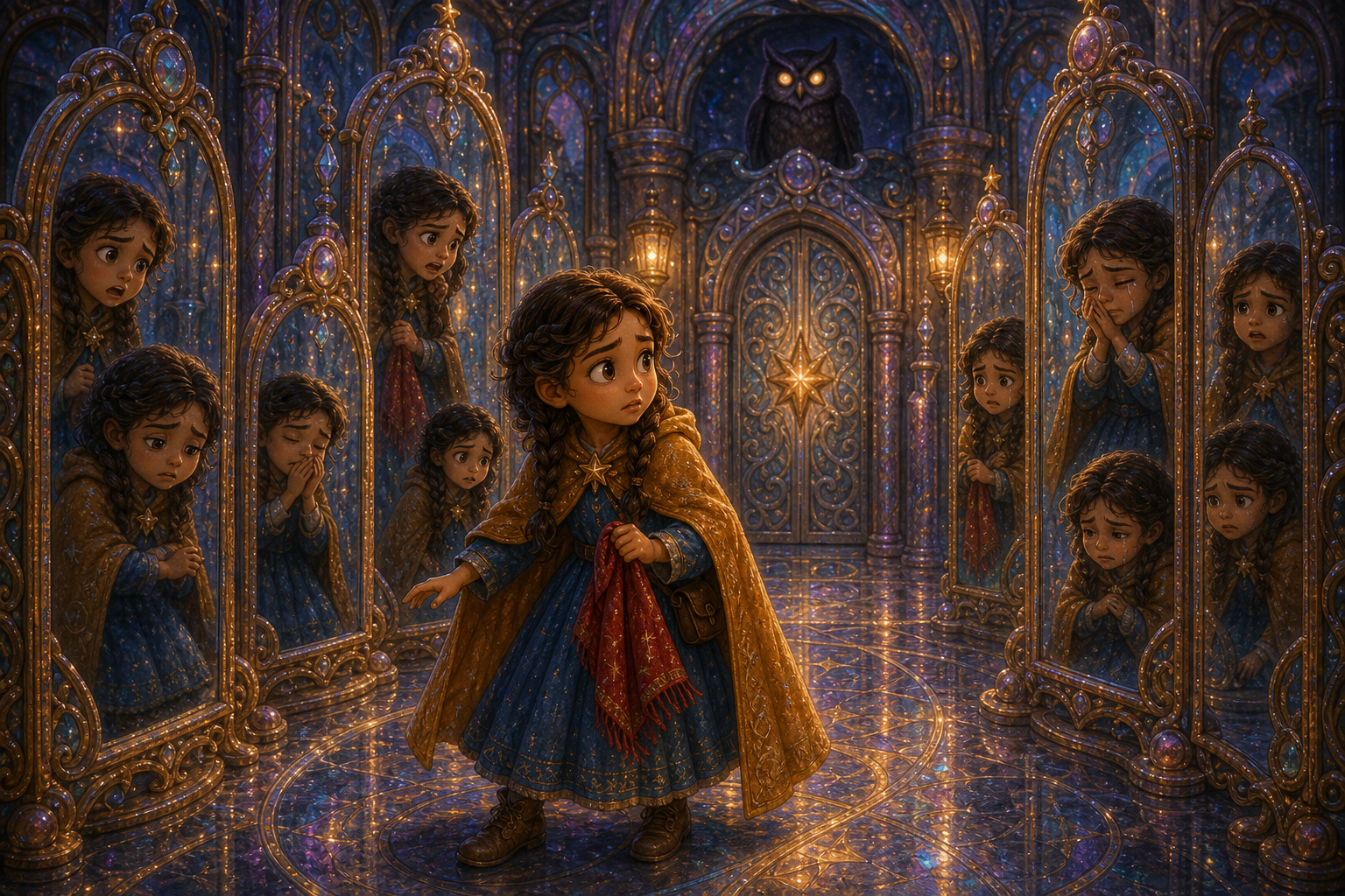 Alina faces a mirror hall where reflections show many versions of her fear, while a wise shadow owl waits above; warm AmFoxy children's storybook illustration style, soft painterly texture, rounded friendly forms, cozy cinematic light, magical fairytale kingdom, consistent heroine Alina: brave older sister with chestnut braids, amber cloak, blue dress, silver star pin; consistent little brother Mark: small boy with curly dark hair, green vest, red scarf; no foxes, no text, no watermark