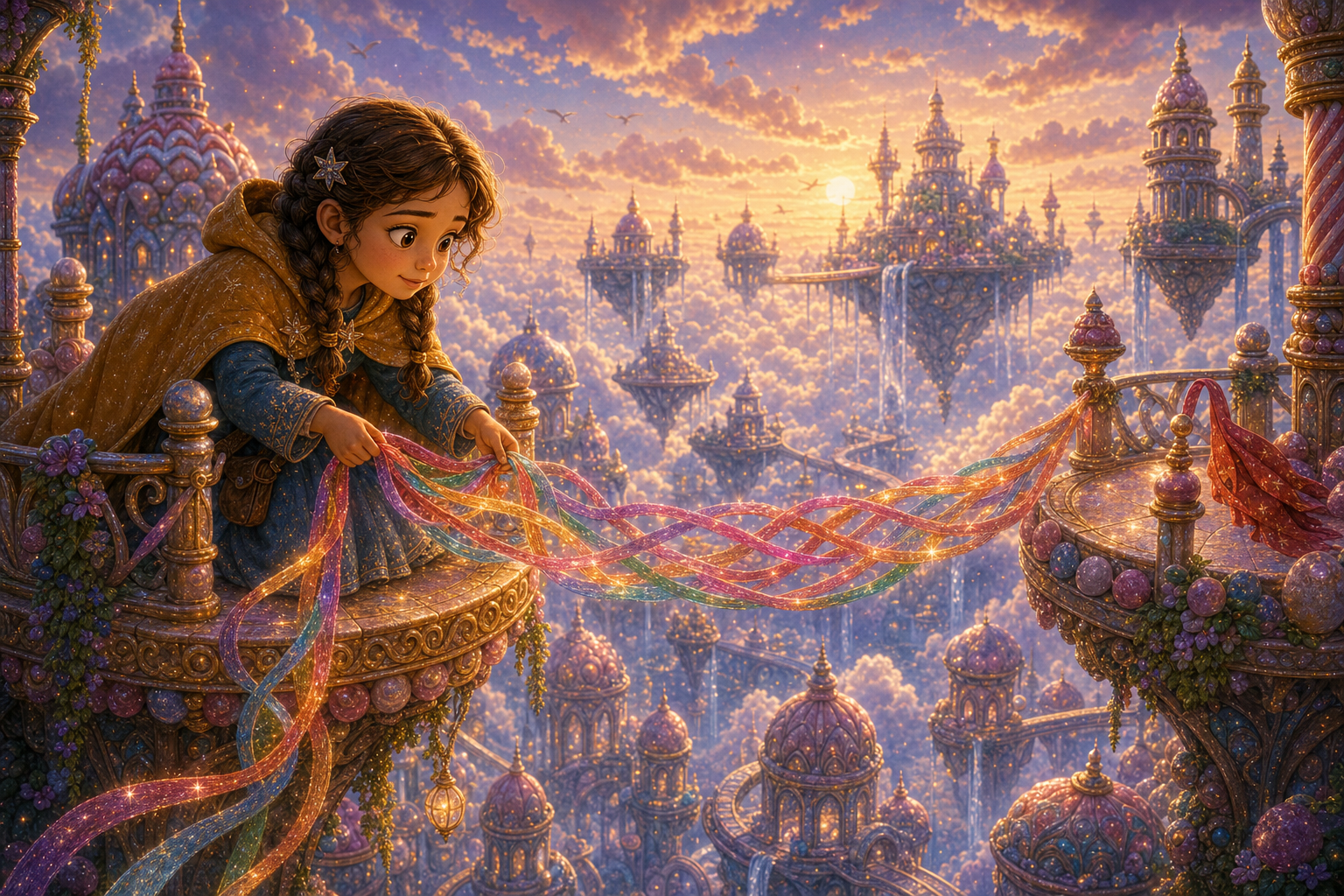 Alina ties glowing ribbons into a bridge between two floating balconies, a red scarf thread shining ahead; warm AmFoxy children's storybook illustration style, soft painterly texture, rounded friendly forms, cozy cinematic light, magical fairytale kingdom, consistent heroine Alina: brave older sister with chestnut braids, amber cloak, blue dress, silver star pin; consistent little brother Mark: small boy with curly dark hair, green vest, red scarf; no foxes, no text, no watermark