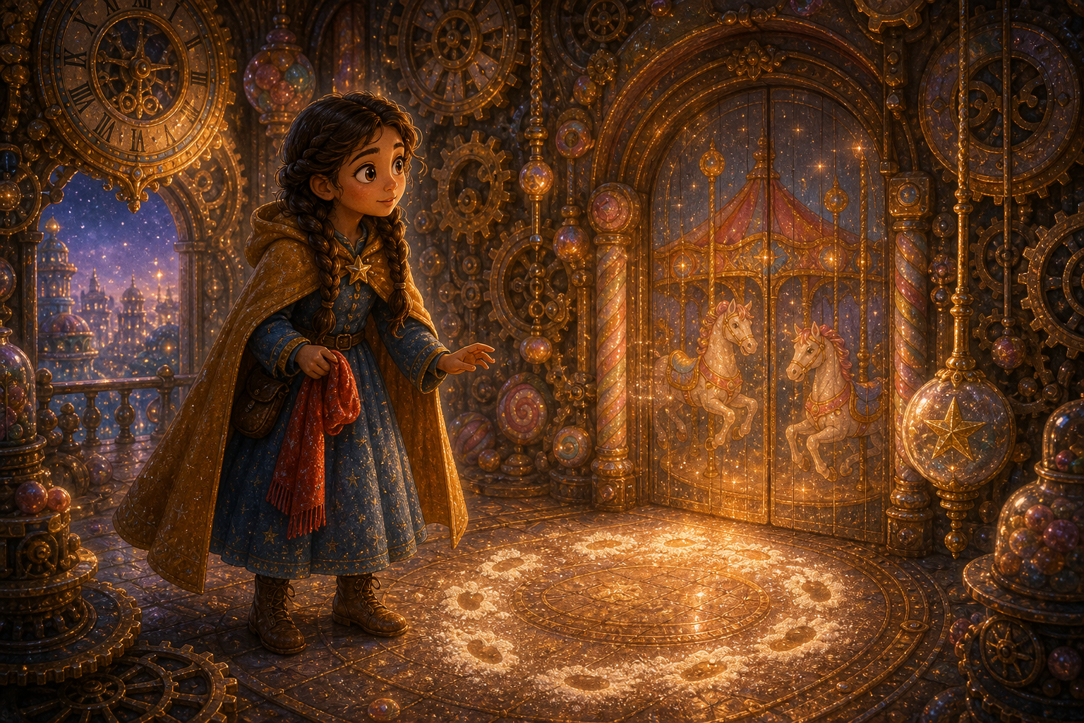 Alina stands inside a clock tower of sugar gears and golden pendulums, flour footprints circling the floor; warm AmFoxy children's storybook illustration style, soft painterly texture, rounded friendly forms, cozy cinematic light, magical fairytale kingdom, consistent heroine Alina: brave older sister with chestnut braids, amber cloak, blue dress, silver star pin; consistent little brother Mark: small boy with curly dark hair, green vest, red scarf; no foxes, no text, no watermark
