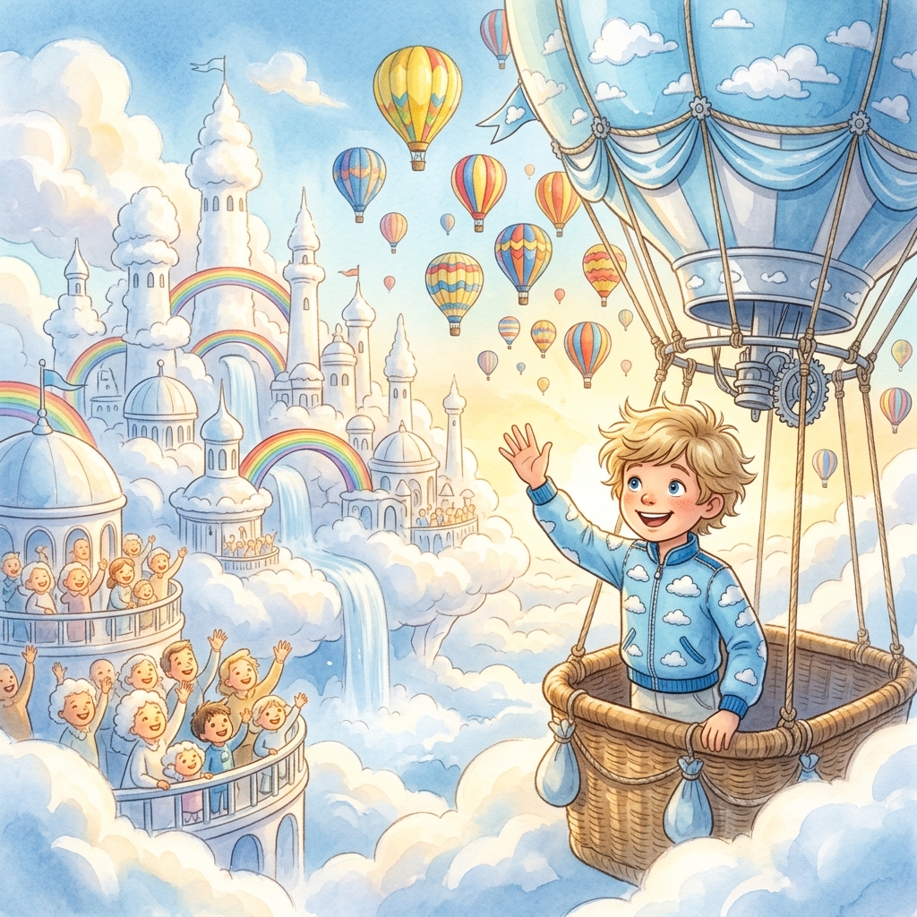 A bright-eyed boy with blonde hair in a sky-blue cloud-patch jacket stands in a blue-and-silver balloon basket above Cloud City, colorful balloons filling the sky behind him, cotton-white floating towers and rainbow bridges below, dreamy soft watercolor storybook art, sky-blue and golden palette