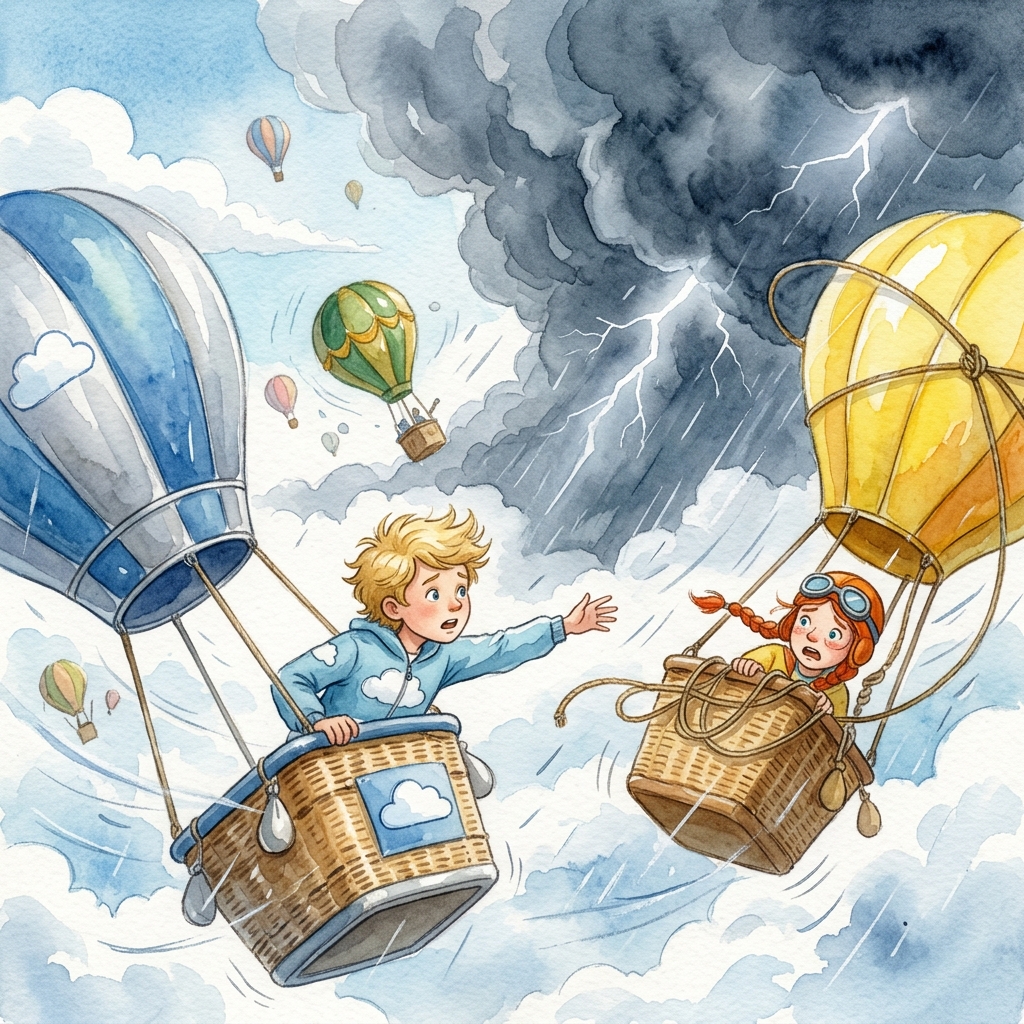 A boy in a blue-silver balloon basket reaches toward a girl with red braids in a yellow tilting balloon during a dramatic storm, lightning and dark clouds behind them, other balloons scattered, alarmed but brave expressions, dreamy soft watercolor storybook art, sky-blue and golden palette, Cloud City setting