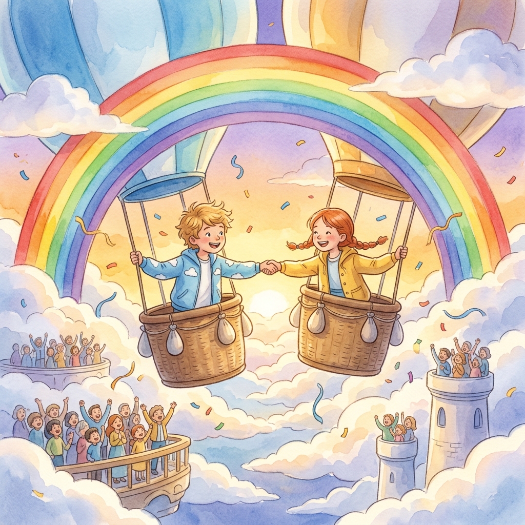 A boy with blonde hair in a blue balloon and a girl with red braids in a yellow balloon cross a rainbow arch finish line holding hands between their baskets, confetti filling the air, cheering crowds on Cloud City cloud-platforms below, golden sunset sky, dreamy soft watercolor storybook art, joyful triumphant mood