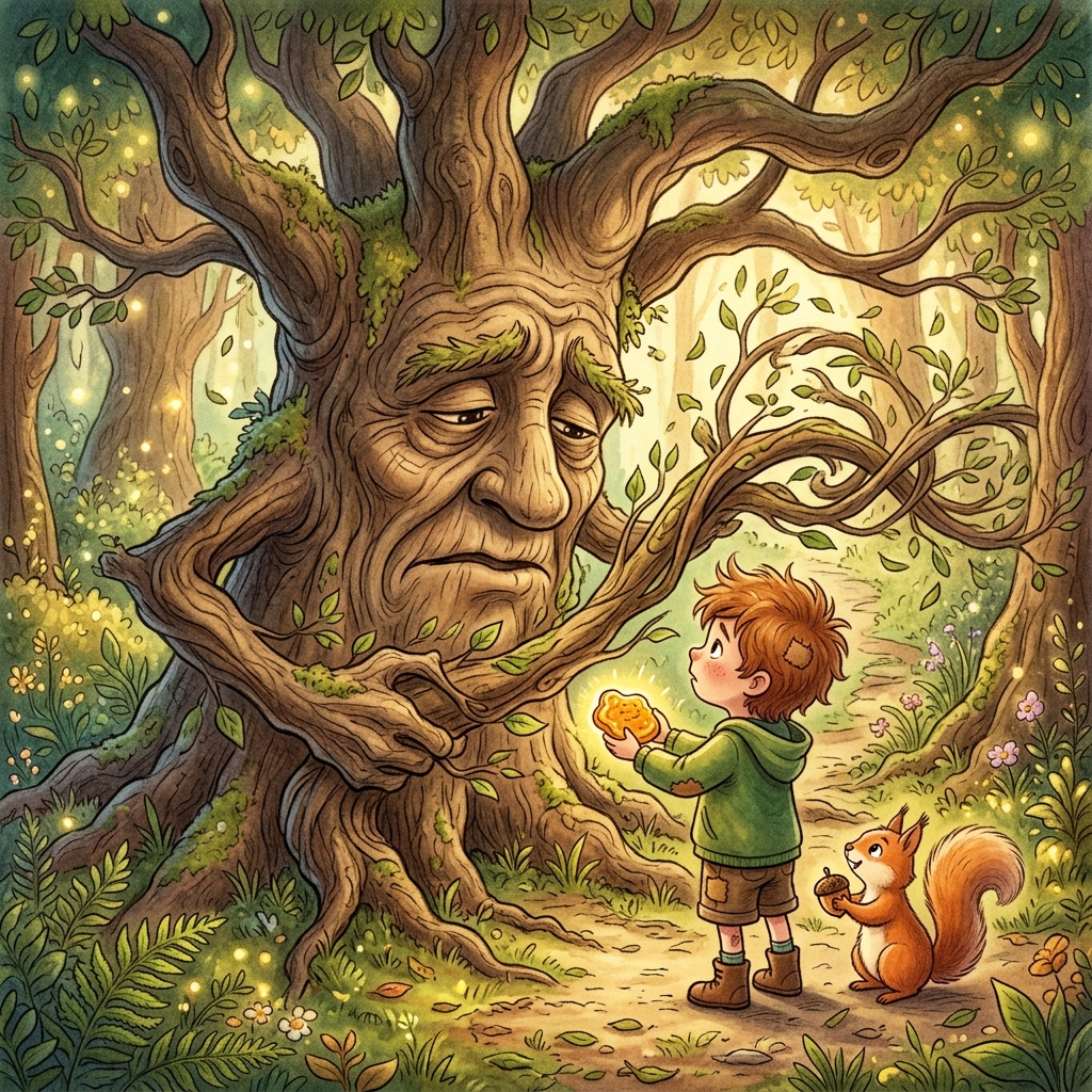 Whimsical children's book illustration style. A giant, friendly ancient tree with a face on its bark, looking tired and hungry. A child and a fluffy squirrel stand before it in a forest path blocked by dancing branches. The child is holding a golden honey cookie. Warm, magical atmosphere, soft textures.