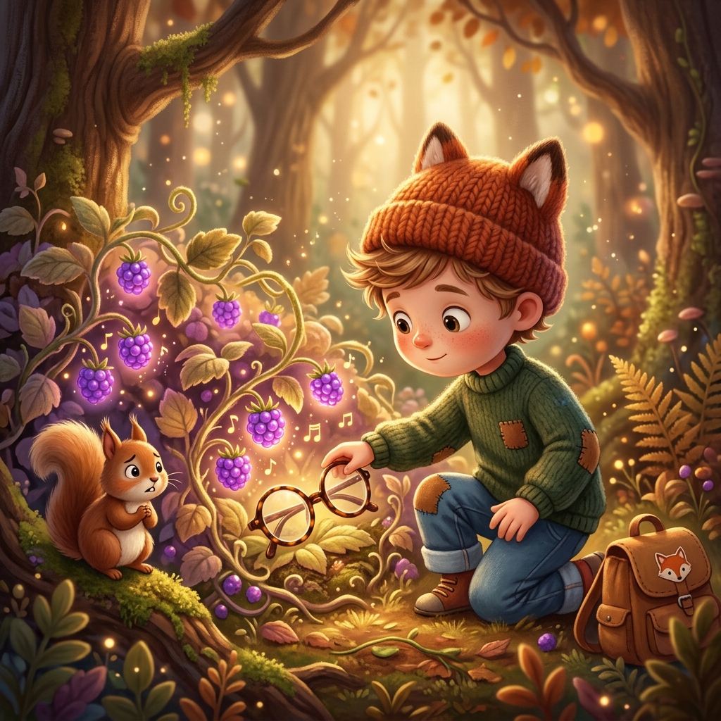 Whimsical children's book illustration style, warm colors. A child gently reaching into a soft, glowing bramble bush with singing purple berries to retrieve a pair of oversized glasses. A tiny, worried squirrel watches closely. The atmosphere is slightly mysterious but cozy and safe.