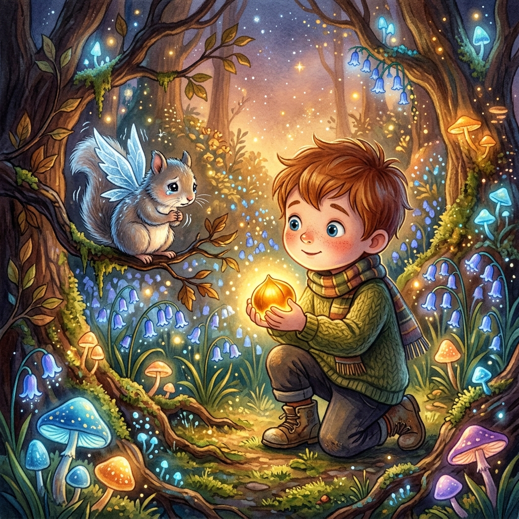 Whimsical children's book illustration style, warm and cozy colors. A young child with curious eyes in a magical forest filled with glowing bluebell flowers and humming mushrooms. The child is holding a glowing, warm golden chestnut that radiates soft light. A tiny, shivering winged squirrel with icy blue wings is perched on a branch nearby, looking hopeful. Soft, magical atmosphere.