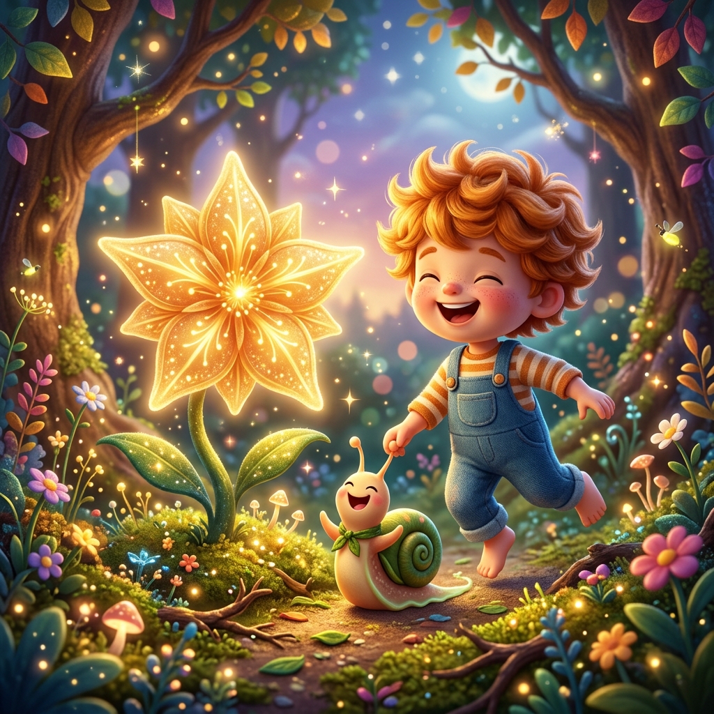 Whimsical children's book illustration style. A beautiful, glowing golden star-shaped flower fully bloomed, casting a warm light. The tiny child character and the snail are happily dancing and laughing next to it. Magical forest background with soft sparkles, joyful and warm atmosphere.