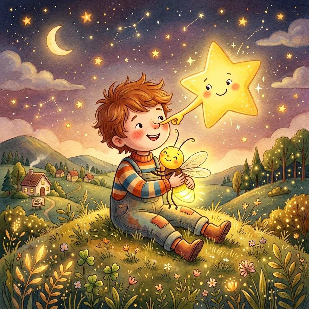 Whimsical children's book illustration, simple shapes, warm golden light. A happy toddler and a brightly glowing yellow firefly hugging on top of a hill. A big, friendly yellow star gently touches the toddler's nose. Extremely cozy, joyful, and magical atmosphere.