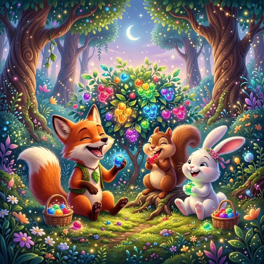 A joyful, cartoon illustration of Foxy, Pip the squirrel, and Bouncy the bunny, all happily eating glowing, rainbow-colored berries together from the magical bush. They are laughing and smiling, surrounded by the sparkling, whimsical trees of the Whispering Woods. The scene is full of warmth and friendship. Highly detailed 3D children's book illustration.