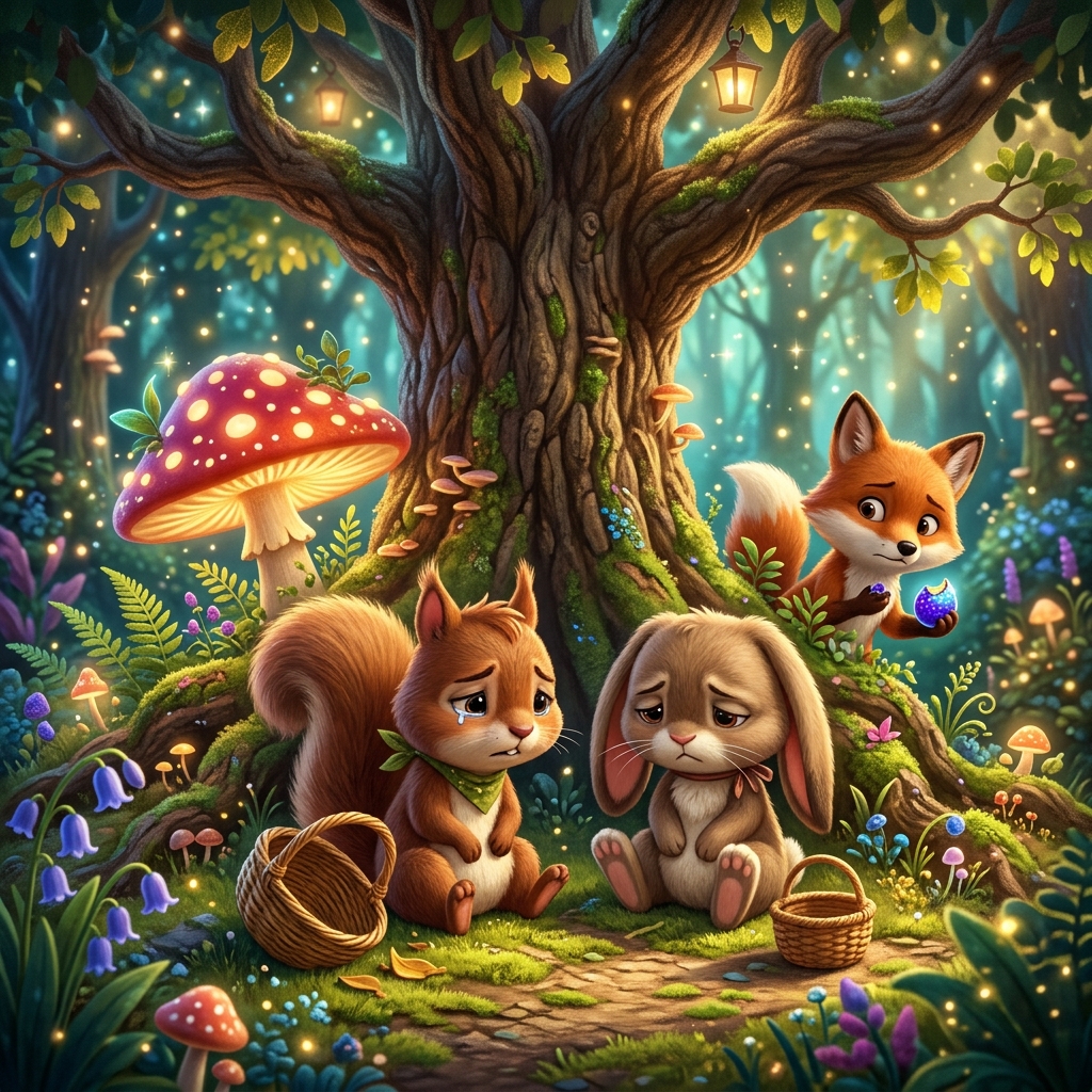A cartoon illustration showing a sad-looking squirrel (Pip) and a droopy-eared bunny (Bouncy) with empty baskets, sitting under a tree in a magical forest. In the background, Foxy is peeking from behind a large, colorful mushroom, looking thoughtful and a little guilty, holding a half-eaten glowing berry. Highly detailed 3D children's book illustration.