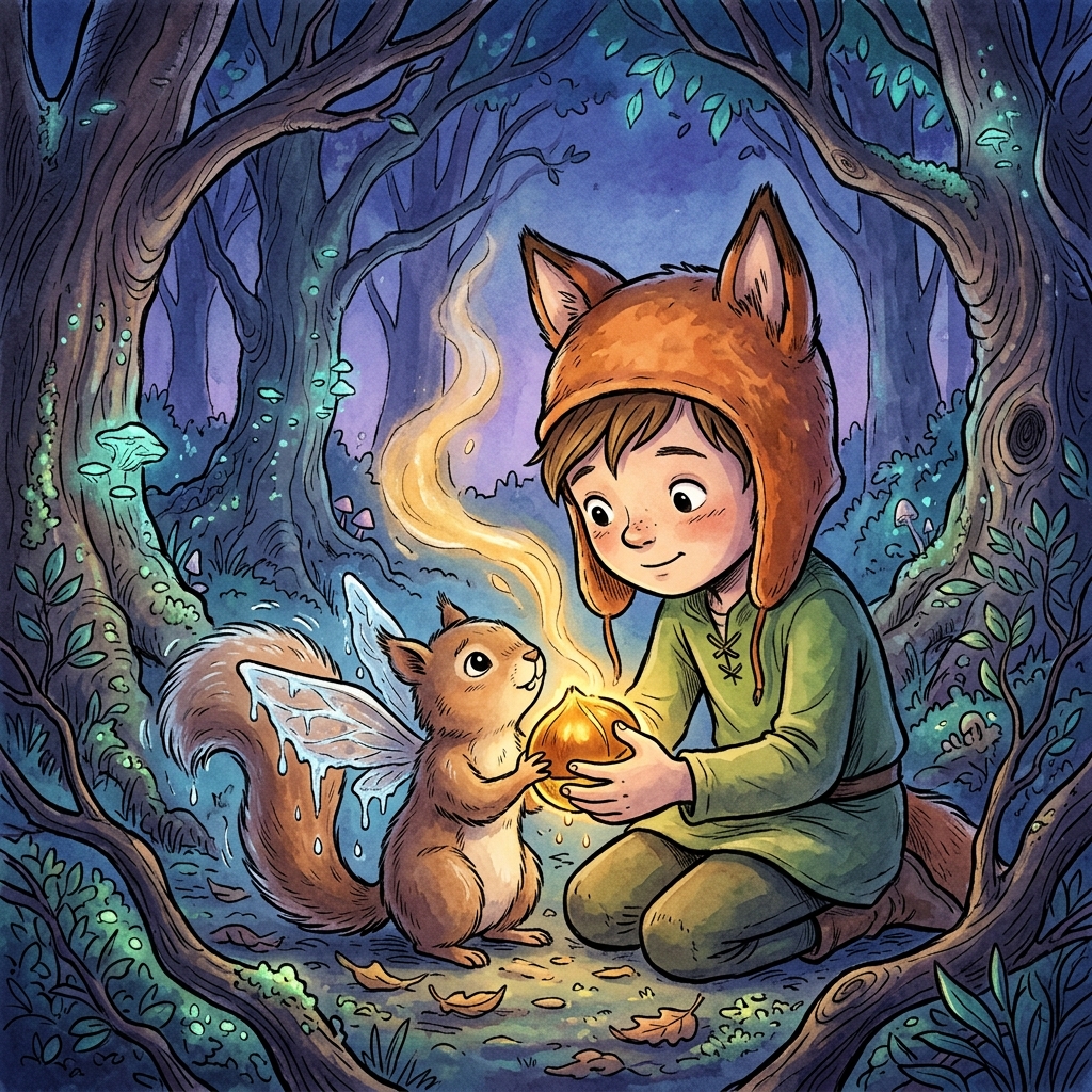 Whimsical children's book illustration style. The magical forest is growing darker, with deep blue and purple shadows. The young child is gently holding the glowing golden chestnut close to the tiny winged squirrel's wings. A warm, golden mist is rising from the chestnut, melting the ice on the squirrel's wings. The chestnut's light is starting to dim, creating a dramatic, emotional scene.