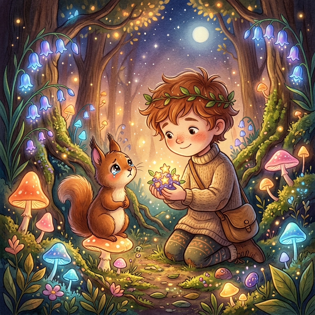 Whimsical children's book illustration style, warm and cozy colors. A cute child with soft features in a magical forest with glowing bluebell flowers and humming mushrooms. The child is holding glowing star-like berries. A fluffy little squirrel with mismatched ears looks up with teary eyes. Magical, soft lighting, fantasy setting.