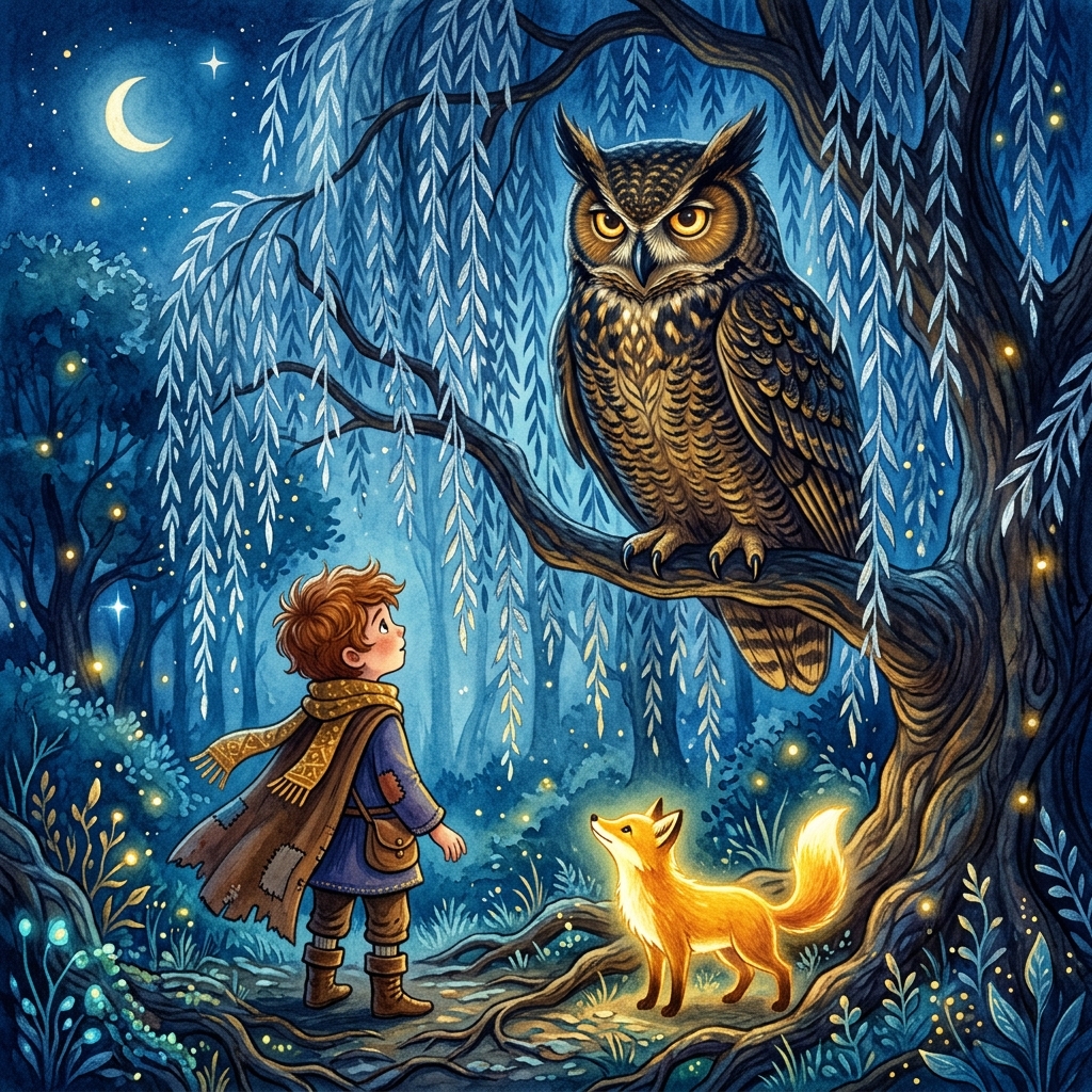 Whimsical children's book illustration style, rich deep blues and golds. A young child and a small glowing fox facing a giant, wise-looking owl with glowing golden eyes perched on a weeping willow branch. The willow leaves hang down like silver threads. Mysterious and magical atmosphere, warm light contrasting with cool shadows.