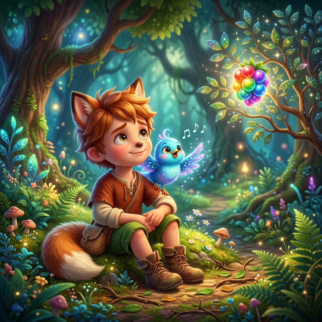 A cute cartoon boy named Foxy sitting on the ground in the magical forest, looking a little sad but with a hopeful expression. A tiny, fluffy blue bird named Pip, with sparkly wings and big, friendly eyes, is perched on Foxy's shoulder, chirping happily. The rainbow berry is still visible high on the bush in the background. Highly detailed 3D children's book illustration.