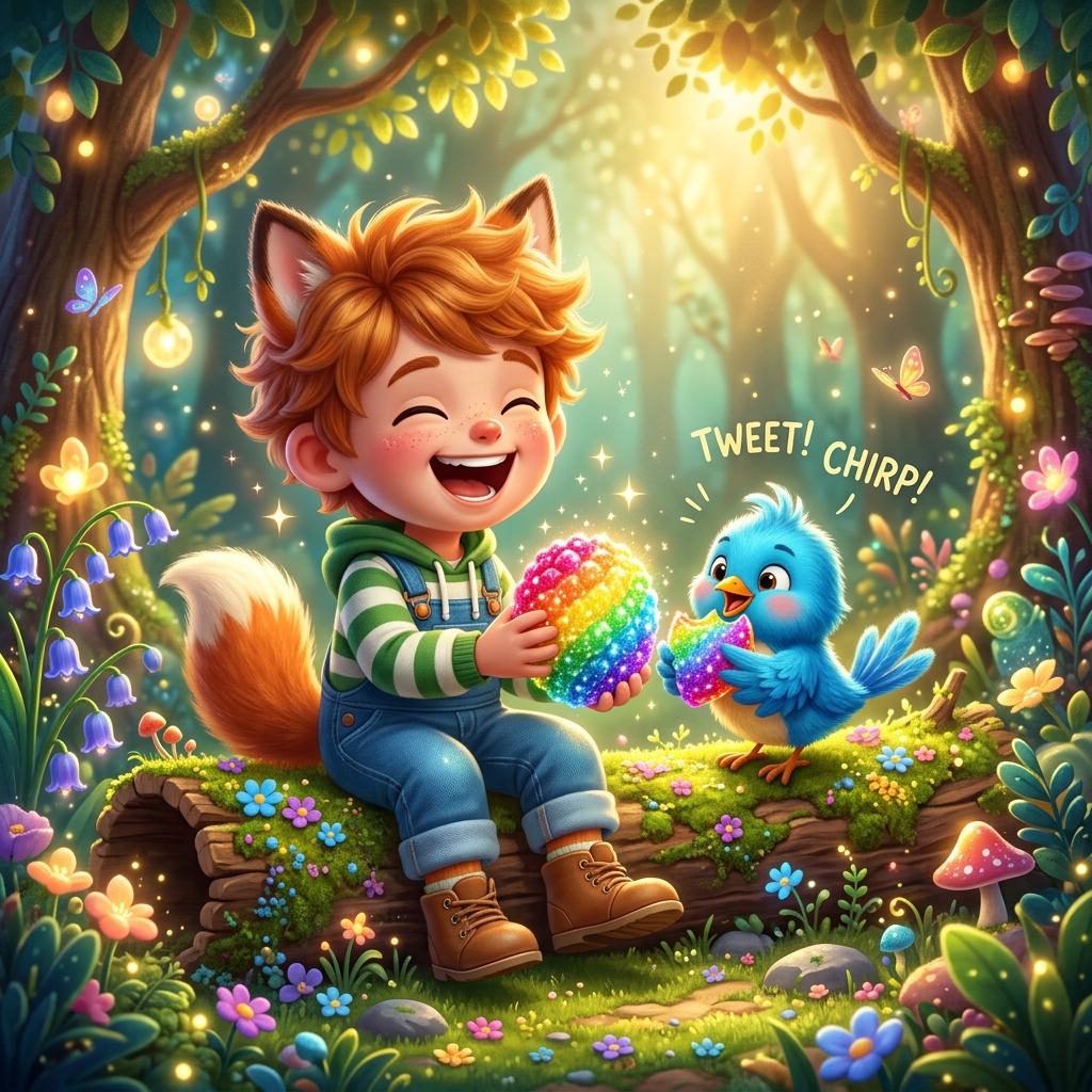 A joyful cartoon boy named Foxy and the fluffy blue bird Pip, sitting together in the vibrant Magic Forest. They are both happily sharing a large, sparkling rainbow berry, each holding a piece. Foxy is smiling broadly, and Pip is chirping with delight. The forest around them is bright and cheerful, with glowing trees and colorful flowers. Highly detailed 3D children's book illustration.