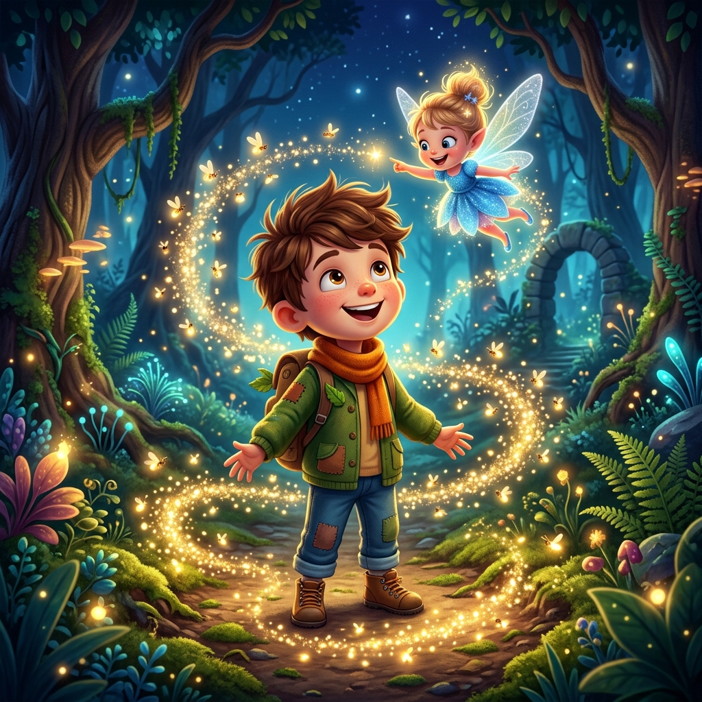 Cartoon style. Foxy, a happy boy, surrounded by a swarm of glowing fireflies, including Flicker. The rescued baby pixie is joyfully fluttering around Foxy head, pointing towards the fireflies. The magical forest path is brightly lit by the fireflies, and Foxy has a proud, joyful expression. Vibrant 3D children's book illustration.
