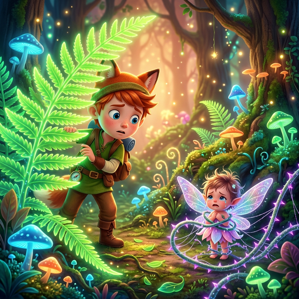Cartoon style. Foxy, a brave boy, carefully peeking behind a giant, glowing fern in a magical forest. A tiny, adorable baby pixie with shimmering wings is tangled in a sparkly, thorny vine, looking sad and scared. The forest is full of glowing mushrooms and soft, magical light. Vibrant 3D children's book illustration.