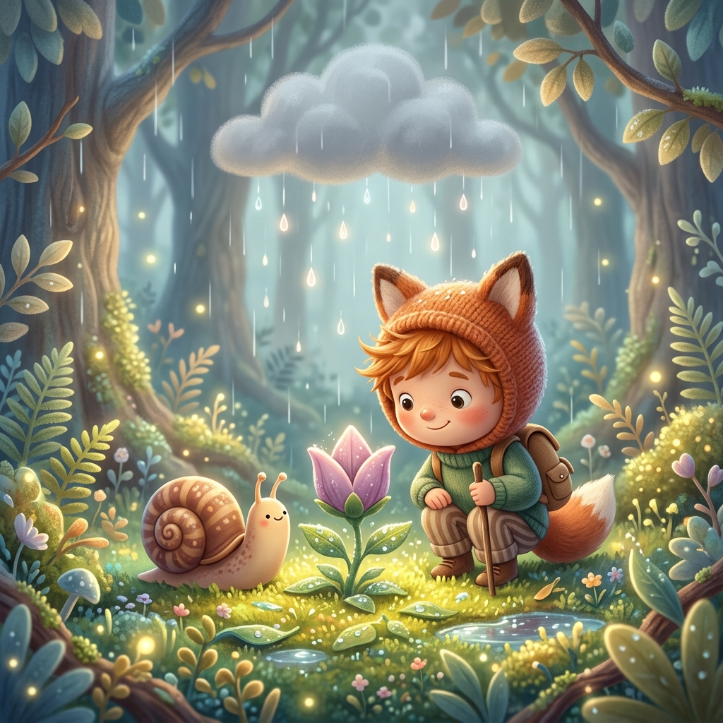 Whimsical children's book illustration style. The tiny child character and the friendly snail looking at a closed star-shaped flower bud under a soft, gray rain cloud. Gentle rain drops falling, glowing moss on the ground, cozy and calm mood, pastel colors.