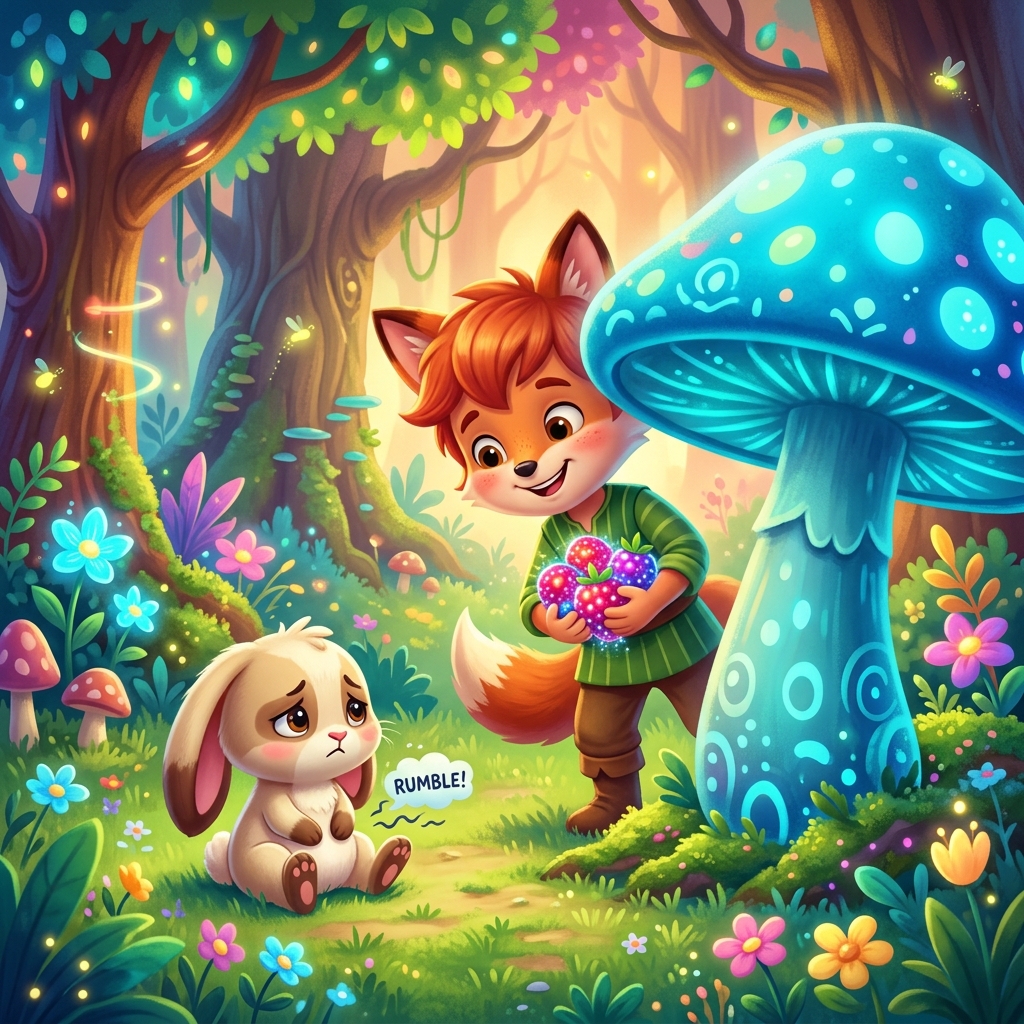 A cute, cartoon-style boy named Foxy peeking from behind a giant, bright blue mushroom. He is holding the sparkly red and purple berry. In front of Foxy is a small, sad-looking bunny with big, floppy ears, sitting on the grass with a rumbling tummy. The forest is colorful and whimsical, with glowing flowers and friendly trees. Vibrant 3D children's book illustration.