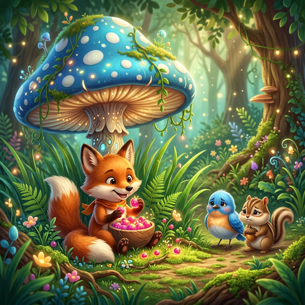 A vibrant, cartoon-style illustration of Foxy sitting under a giant, blue-spotted mushroom, eating glowing red berries. He is peeking through emerald grass at a small, fluffy bluebird named Pip and a tiny, sad chipmunk named Cheeks. The bird and chipmunk look very hungry and sad. Highly detailed 3D children's book illustration.