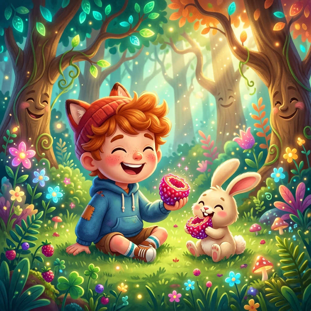 A joyful, cartoon-style boy named Foxy happily sharing a sparkly red and purple berry with a cute, smiling bunny. Foxy is holding one half, and the bunny is nibbling on the other half. They are sitting together on soft green grass in the magical forest, surrounded by colorful, glowing flowers and happy, whimsical trees. Sunlight streams down. Vibrant 3D children's book illustration.
