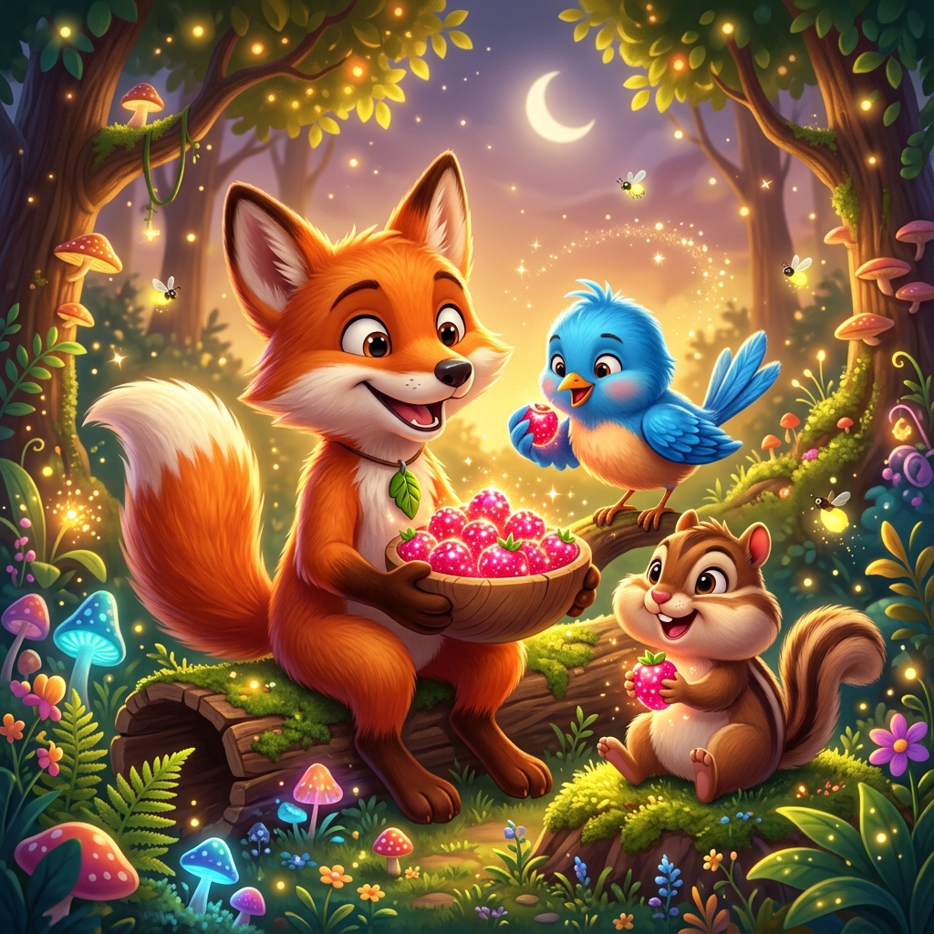 A joyful, cartoon-style illustration of Foxy smiling brightly and sharing his glowing red berries with Pip the bluebird and Cheeks the chipmunk. The animals look incredibly happy and their colors are vibrant. They are sitting together in the enchanted forest, surrounded by a warm, magical glow. Highly detailed 3D children's book illustration.