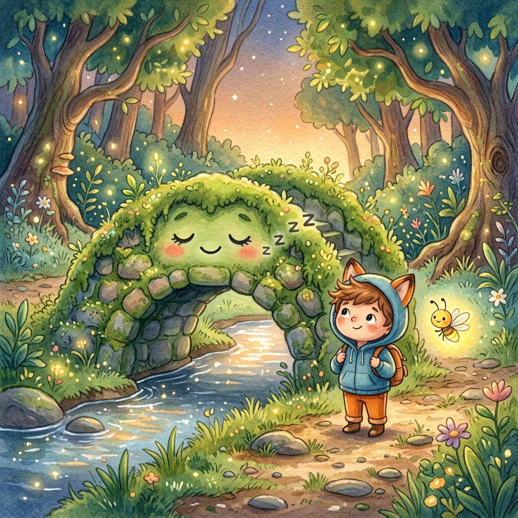 Whimsical children's book illustration, simple and cute. A tiny toddler and a small glowing yellow firefly standing before a cute, sleeping green mossy bridge with a funny face. Soft textures, warm light, magical and friendly mood.